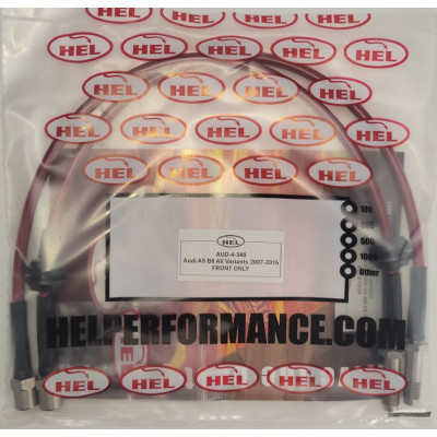 Audi A5 All Models 2007- Brake Lines HEL Stainless Steel Braided FRONTS ONLY - CLEARANCE (TRANSPARENT RED HOSE WITH STAINLESS FITTINGS)