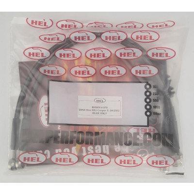 BMW Mini R53 Cooper S -04/2003 Brake Lines HEL Stainless Steel Braided REARS ONLY - CLEARANCE (CARBON HOSE WITH STAINLESS FITTINGS)
