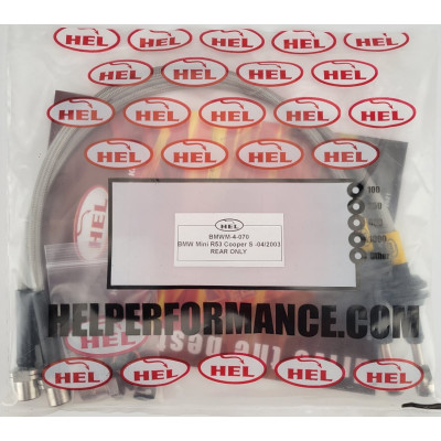 BMW Mini R53 Cooper S -04/2003 Brake Lines HEL Stainless Steel Braided REARS ONLY - CLEARANCE (CLEAR HOSE WITH STAINLESS FITTINGS)