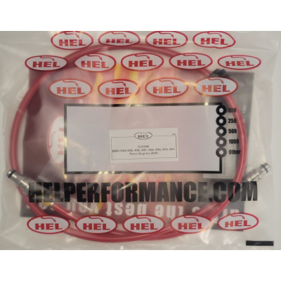 BMW Mini R55, R56, R57, R58, R59, R60, R61 Petrol Engines Right Hand Drive 2005- Flexible Clutch Line (Master Cylinder to Slave Cylinder) HEL Stainless Steel Braided - CLEARANCE (RED HOSE WITH STAINLESS FITTINGS)